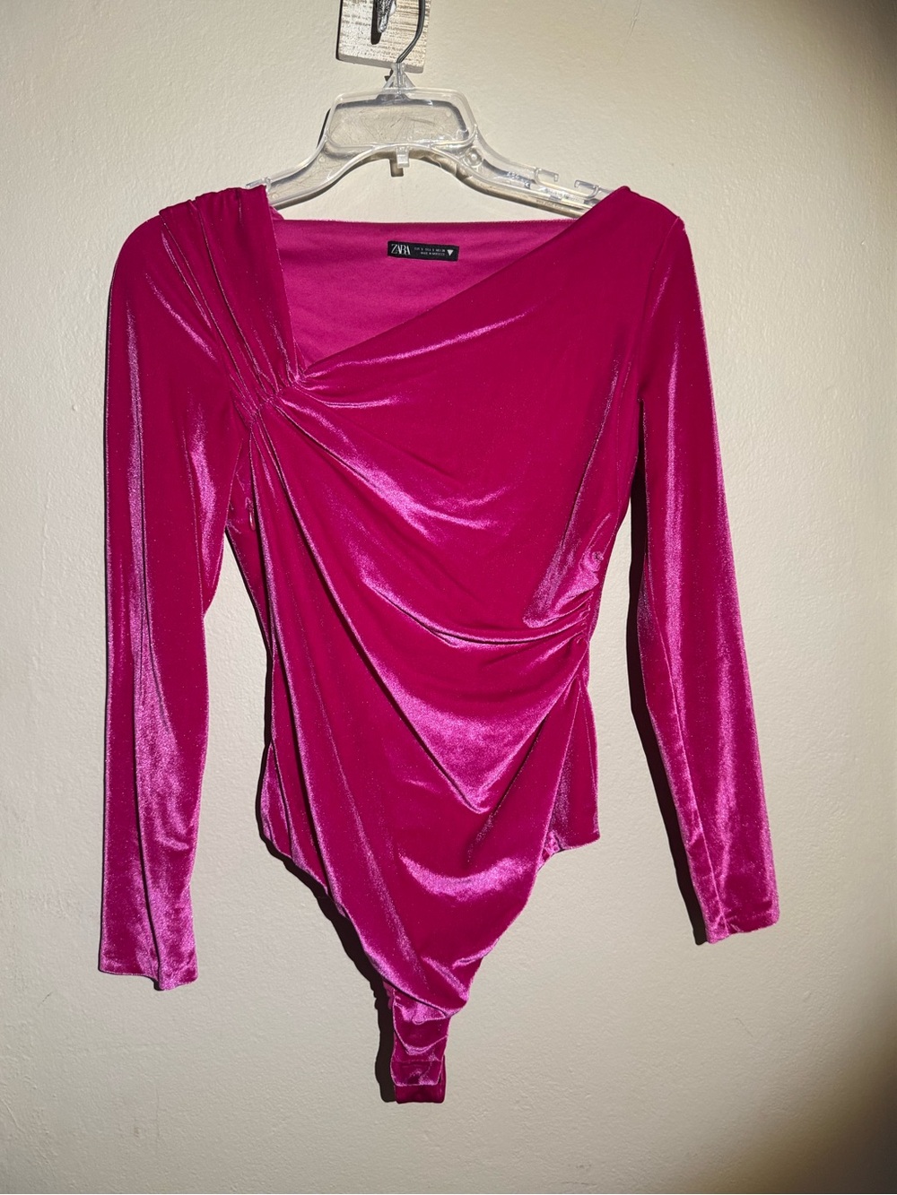 Zara Fuchsia Velvet Draped Long-Sleeve Bodysuit